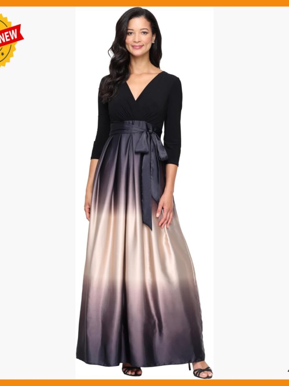 Long Satin Formal Gown with V-Neck, 3/4 Sleeves, Pockets, Bow Detail